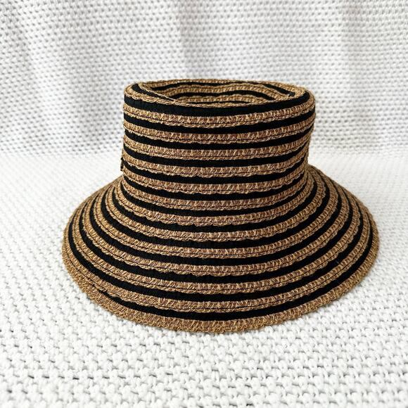 Eric Javits Beige Tan Black Stripe Squishee Packable Straw Bucket Hat UPF 50 OS - Picture 7 of 7